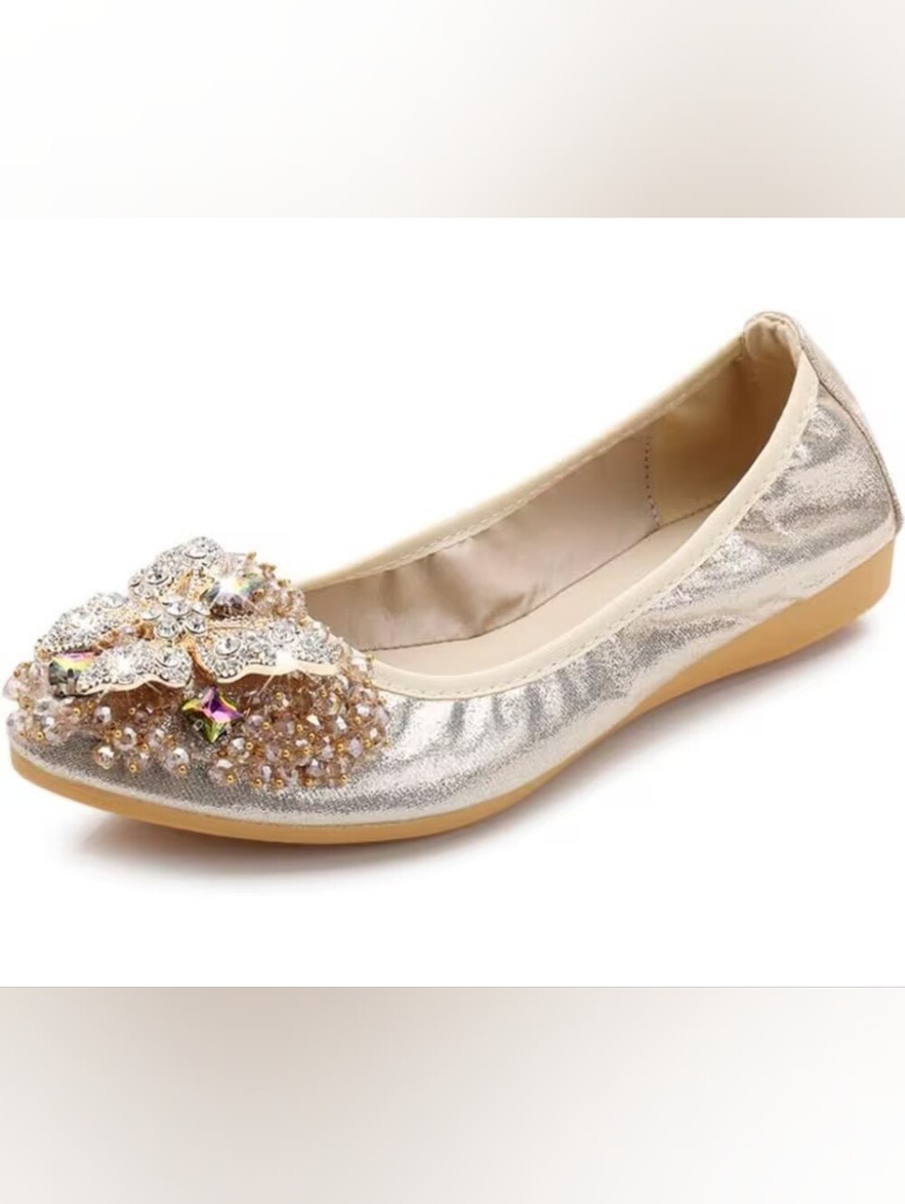Luxe Metallic Gold Butterfly Crystal Bejeweled Ballet Flats